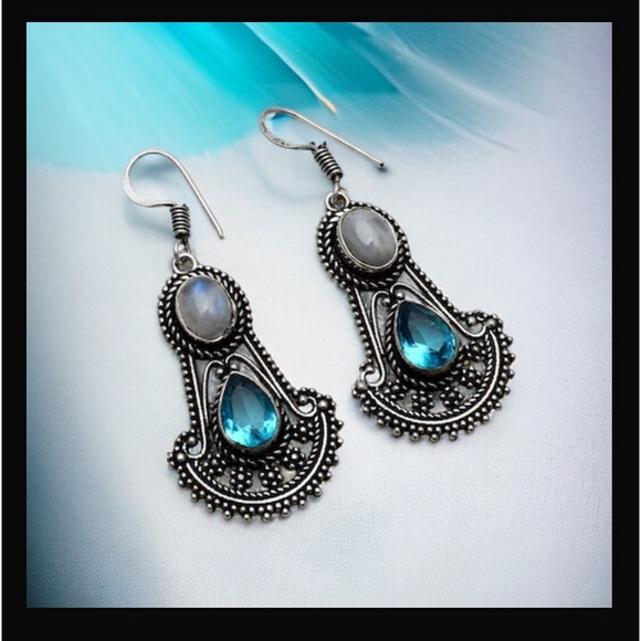 Rainbow Moonstone & Blue Topaz Drop Dangle Hook Style Earrings 2" L New With Tag - Picture 7 of 16